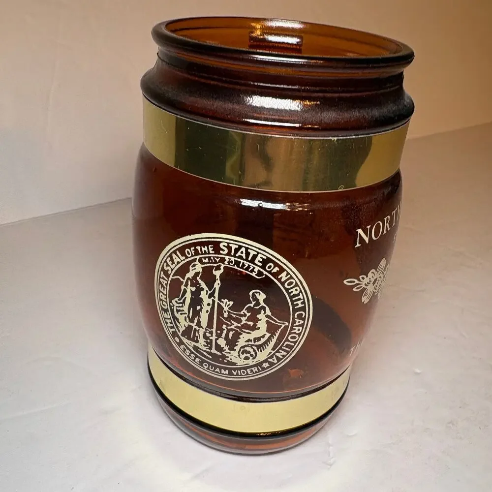 Vintage North Carolina Tarheel State Souvenir Brown Glass Barrel Mug Wood